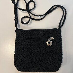 “The Sak” Vintage Little Black Crochet Purse Crossbody w Flower Zipper pull side